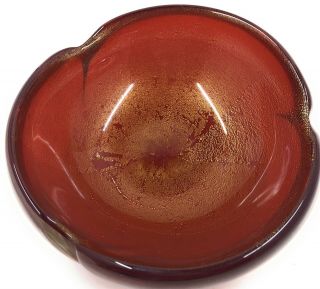 Vintage Red & Gold Foil Art Glass Candy Dish Bowl Swirl Shape Murano 6.  5” 2