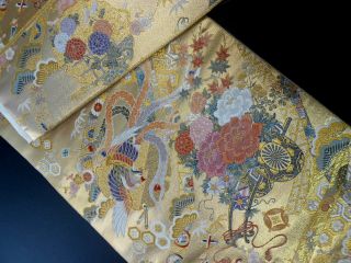 Japanese Kimono Silk Fukuro Obi,  Rokutu,  Pure Gold.  Phoenix,  Flower Cart,  L171 ".  1081