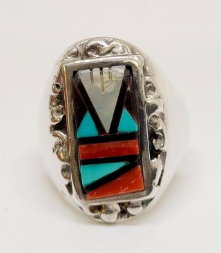 Vintage Zuni Signed S Multi - Stone Inlay Sterling Silver Ring Size 13
