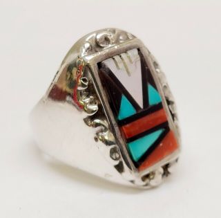 Vintage Zuni Signed S Multi - Stone Inlay Sterling Silver Ring Size 13 2