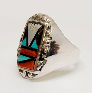 Vintage Zuni Signed S Multi - Stone Inlay Sterling Silver Ring Size 13 3