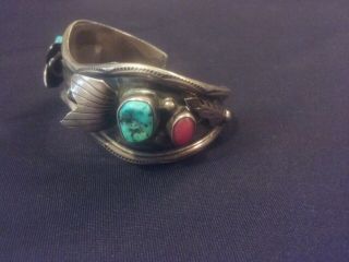 Vintage Old Pawn Sterling Silver Navajo Turquoise Red Coral Watch Cuff Band Rj