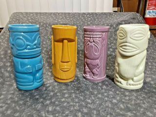 4 Vintage Hawaiian Tiki Bar Drink Mugs Waikiki Easter Island Statue Ceramic