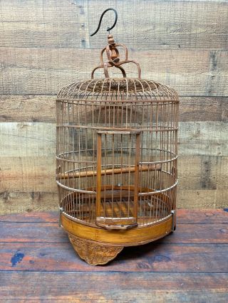 Vintage Bamboo Wood Hanging Bird Cage Pagoda Style 18” Tall 14” Wide