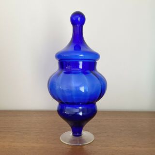 Vintage Retro Mid Century Cobalt Blue Optic Glass Apothecary Jar Empoli Italy