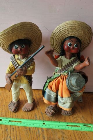 Pair Vintage Mexican Handmade Paper Mache Dolls Folk Art Hunter Man & Woman Baby