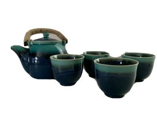 Teavana Fine Stoneware Tashokino Light Green Blue Tea Pot Set With Lid & 4 Cups