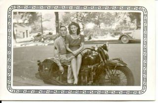 American Soldier & Girlfriend Sitting On An Indian Motorcycle Wwii Photo C1945
