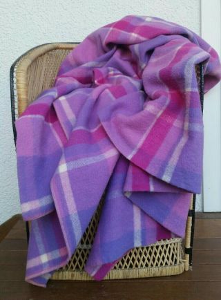 Vintage Retro Pure Wool Blanket Double Pink Purple Weighty Soft Tartan Checked
