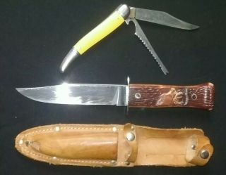 Vintage Imperial Prov.  R.  I.  2 Knife Sheath Set 1 Fixed Blade 1 Two Blade Fishing