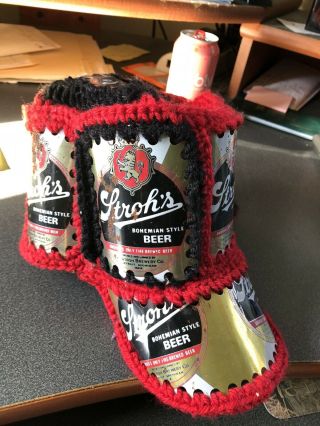 Vintage Handmade Crochet Beer Can Hat - Strohs.  Baseball Style