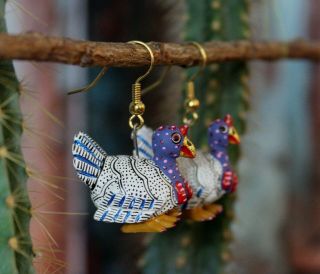 Alebrije Turkey Earrings Detailed By Ana Xuana Handmade Oaxaca Mexican Folk Art