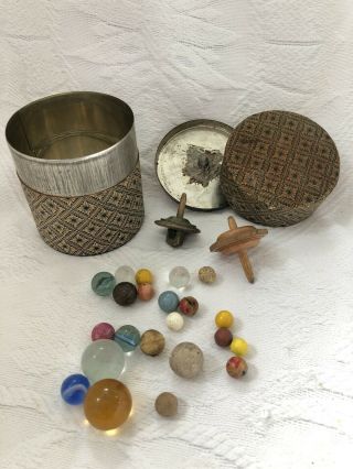 Vintage Antique German ? Tin Of Old Marbles And Wood Spin Tops Game? Clay Glass