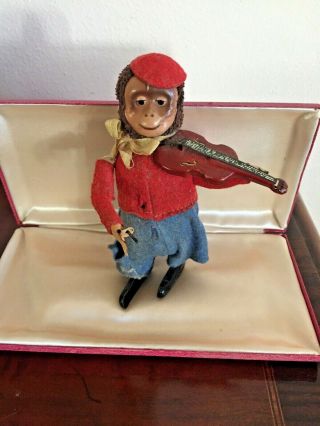 Schuco Vintage 1930s Tin Wind - Up Toy Monkey Playing Violin - As Found