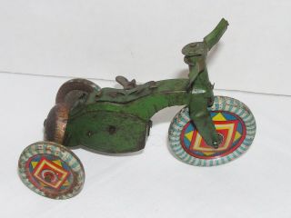 Vintage Prewar Japan Tin Toy 5 " Tricycle Green Windup Litho Wheels Parts Restore