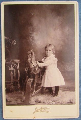 Great Victorian Era Cabinet Card Photo Of Young Boy With Rocking Horse,  Waco Tx