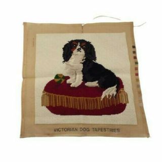 King Charles Spaniel Tri Color Victorian Dog Tapestries Needlepoint Finished Vtg