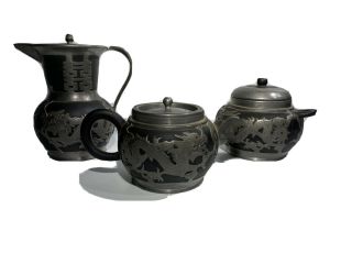 Antique Chinese Yixing Tea Set Clay With Pewter Overlay