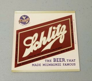 1939 Schlitz Beer Label 12oz From The Jos.  Schlitz Brewery In Milwaukee,  Wi