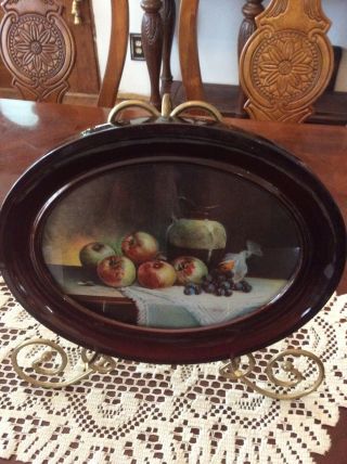Vintage Lithogragh Print In Oval Metal Frame.  Fruit With Crock.  10”w X8”tall