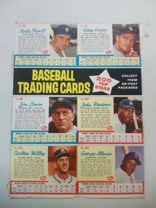 Vintage Rare 1962 Post Cereal Baseball Cards Panel Full Sheet