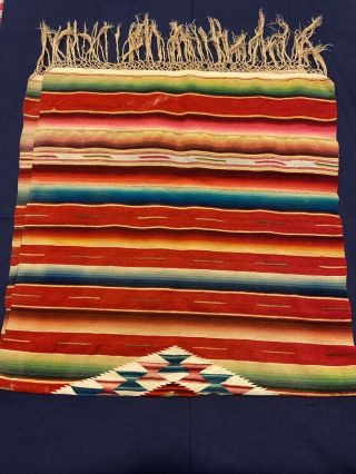 Vintage Mexican Saltillo Serape Striped Blanket Fringe Ombre Fine Wool