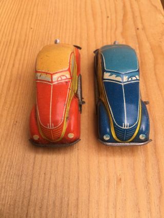 Pair (2) Distler Wind Up Cars Tin Litho Germany Us - Zone Mighty Midget 1940’s