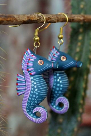 Seahorse Alebrije Earrings Detailed By Ana Xuana Handmade Oaxaca Mexico Folk Art