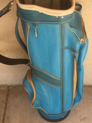 Vintage Atlantic Leatherette Sky Blue 3 Way Golf Bag With Bag Cover. 2