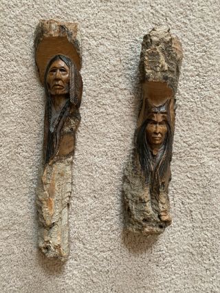 (2) Grim Native American Theme Handmade Wood Carving - 1982 & 1983