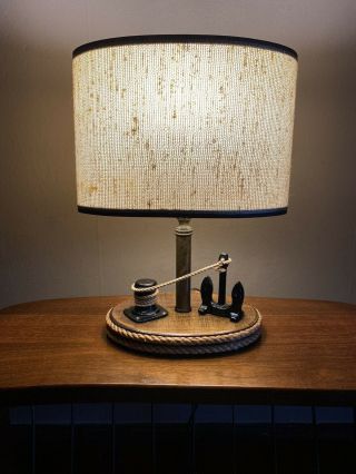 Vintage Mid Century Nautical Themed Wood Table Lamp W/original Shade