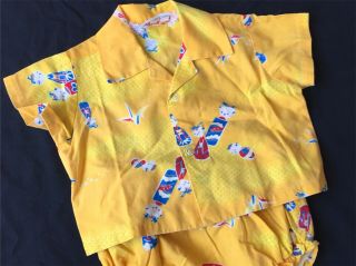 Vtg 50s Kokeshi Print Hawaiian Shirt By Young Hawaii Infant Baby Cabana Set