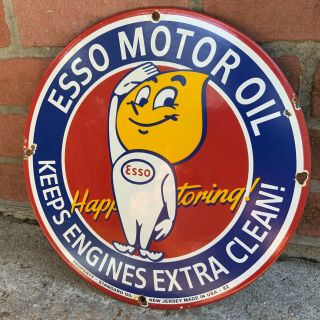 Esso Happy Motoring Oil Gasoline Vintage Porcelain Sign