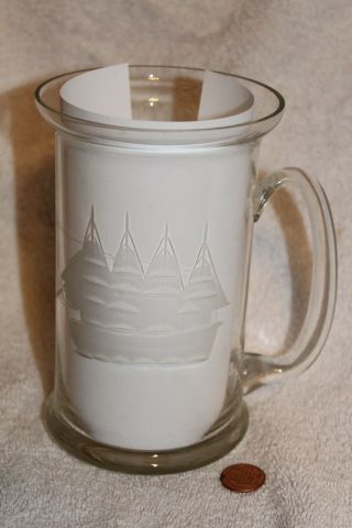Vintage Hand Blown Romania Crystal Beer Mug Toscany Glass Tall Ship Etched
