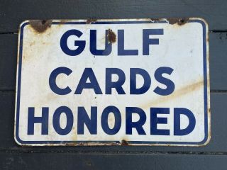 Vintage Gas Station Gulf Cards Honored 2 Sided Enamel Sign