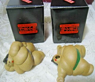 2 Japanese Sumo Wrestlers Figurines Ceramic Japan Seto Yawn Nap Box