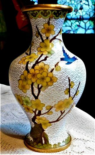 Vintage Chinese Jingfa Cloisonne Enamel & Brass Vase Floral & Bluebird