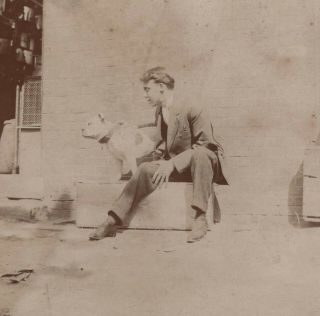 Young Man With Bulldog Or Pit Bull Dog Vintage Photo Collar Pet Animal