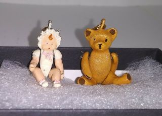 2 Vintage Jointed Charms - Teddy Bear & Baby Doll Metal/enamel