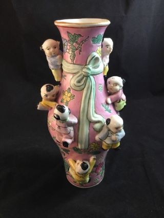 Vintage Chinese Porcelain Fertility Vase Pink,  Green Sash,  Children,  Butterflies