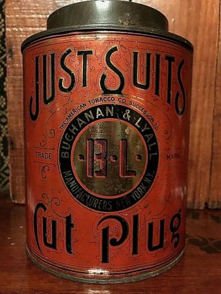 Antique Vintage Just Suits Lithograph Tobacco Cut Plug Tin Can With Lid Ny Aafa