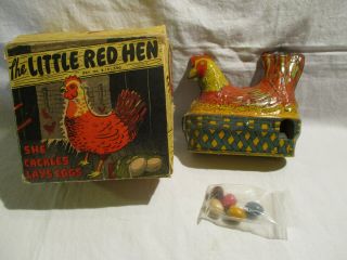 Vintage Tin Lithograph Mechanical Little Red Hen Made By Baldwin Mfg.  Co.  W/ Box