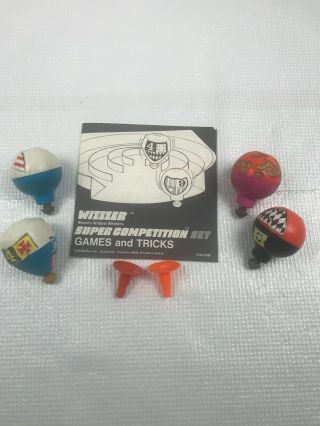 Vintage Set Of 4 Mattel Wizzzer Spinning Tops 2 - 3/4 " With Instructions 1970