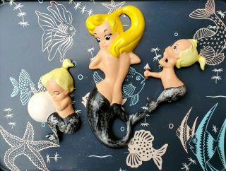 Kitschy Cute Vintage Ceramic Mermaid & Merbabies Wall Plaque Wall Decor