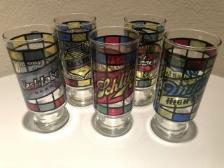 5 Stained Glass Beer Glasses (schaefer,  Falstaff,  Schlitz,  Black Label,  Miller)