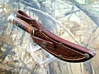 Vintage Western USA 640D Fixed Blade Knife W/Custom Hand Made R - H Leather Sheath 3