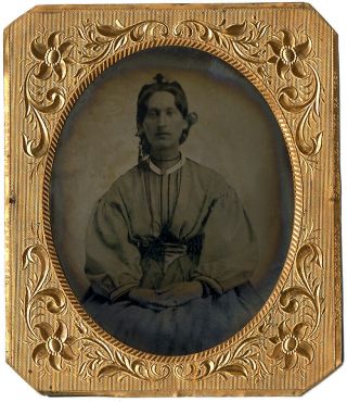 1860s Civil War Era Woman 1/6 Plate Tintype Dean & Emerson Patent Mat