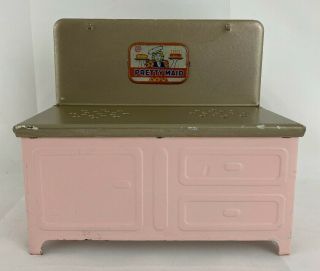 Vintage Rare Pretty Maid Metal Toy Stove Cabinet Beige & Pink
