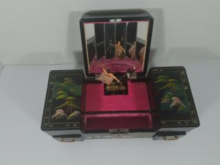 Vintage Japanese Black Lacquer Musical Jewelry Box With Rotating Mini Figures