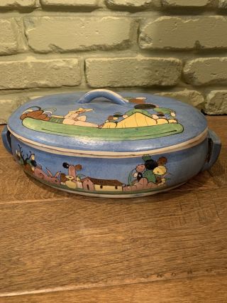 Old Vintage Mexican Tlaquepaque Two - Handled 12” Covered Pottery Casserole